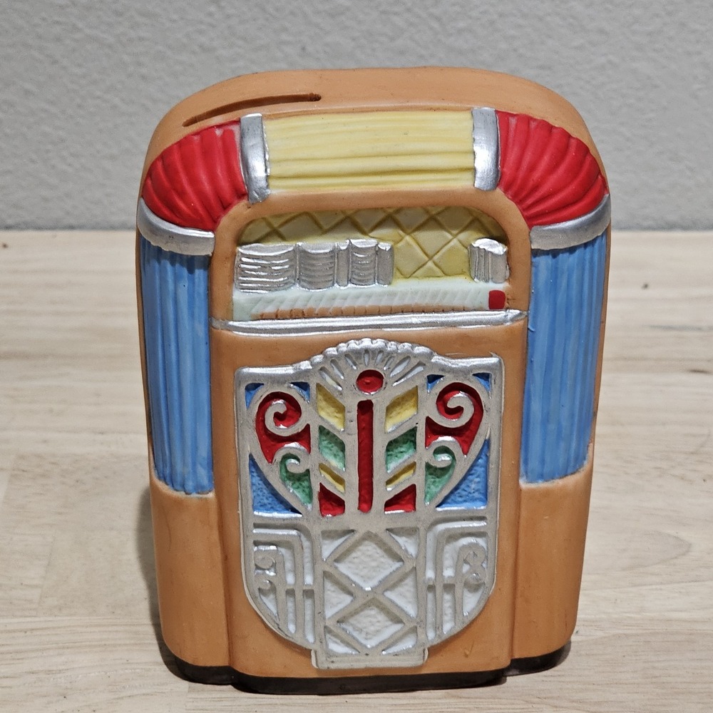 Vintage Ceramic Music Coin Bank Wurlitzer Jukebox Works And Has Bottom